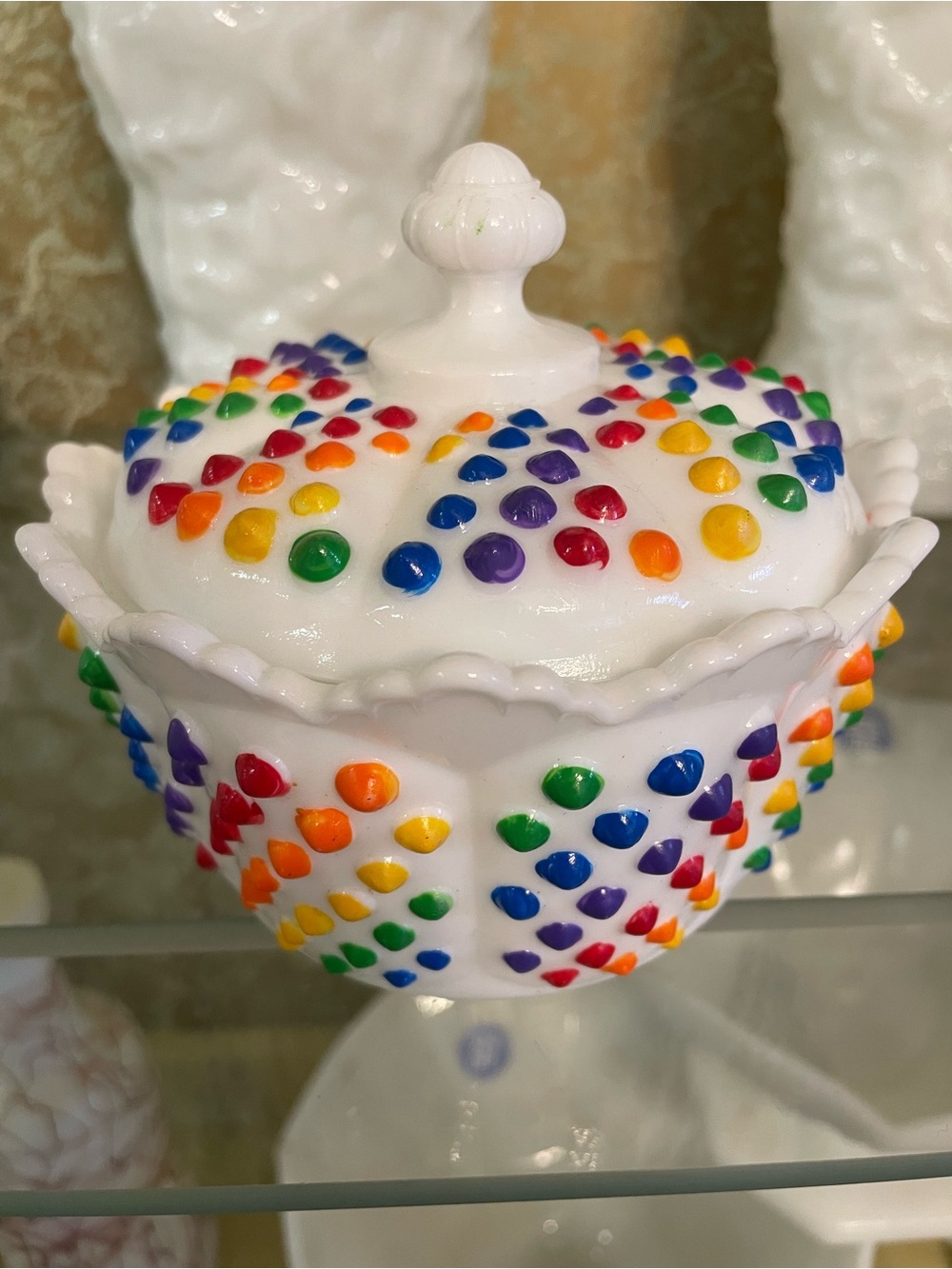 Vintage Fenton Rainbow Hobnail Milk Glass Candy Dish with Lid